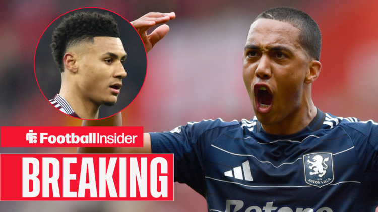 Youri Tielemans celebrates as Ollie Watkins looks on from a circular inset