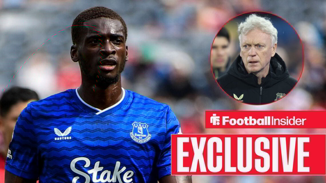 Tim Iroegbunam in an Everton kit, David Moyes in a circular inset, exclusive banner