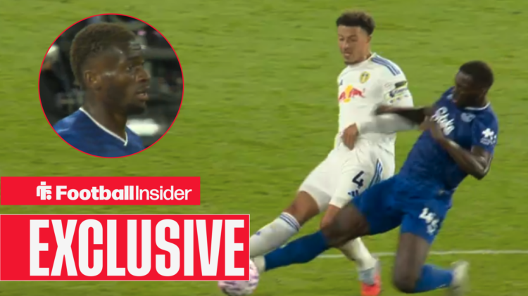 Exclusive banner over Tim Iroegbunam making a bad tackle in Everton vs Leeds