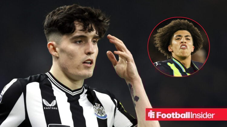 Newcastle's Tino Livramento puts his hand to his face while playing and looking at Man City's Rico Lewis who is celebrating in the inset
