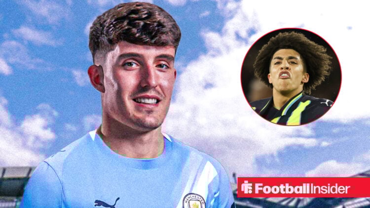 Newcastle's Tino Livramento in a Man City shirt smiling and Man City's Rico Lewis celebrating a goal