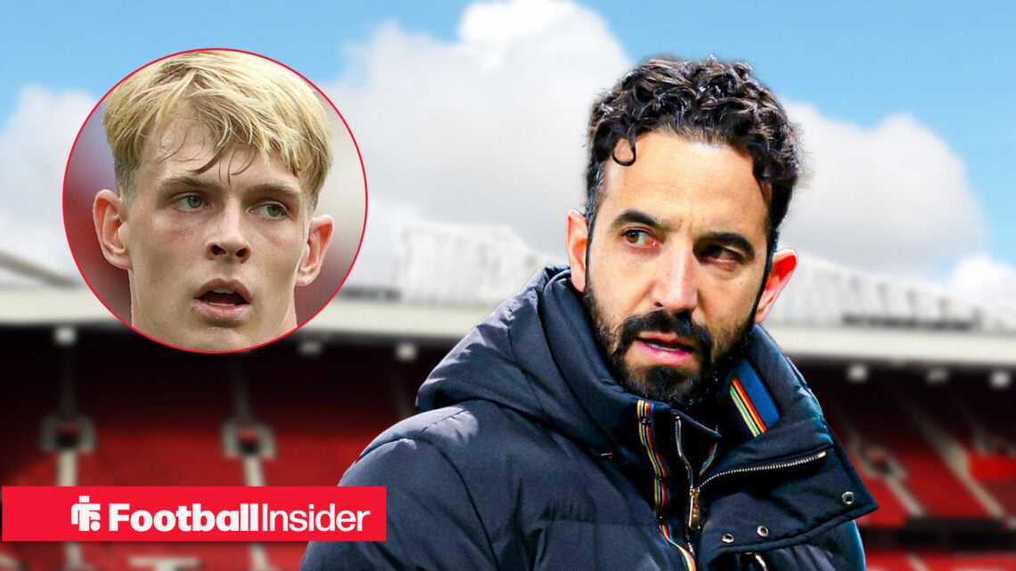 A headshot of Man United midfielder Toby Collyer next to an image of Ruben Amorim at Old Trafford