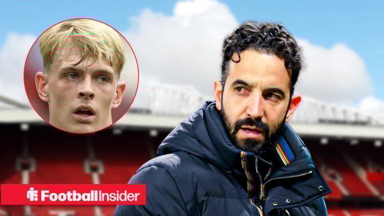 A headshot of Man United midfielder Toby Collyer next to an image of Ruben Amorim at Old Trafford