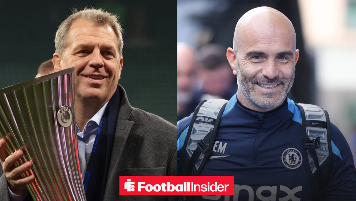 Todd Boehly holding the Conference League trophy alongside Enzo Maresca smiling in a Chelsea training jacket