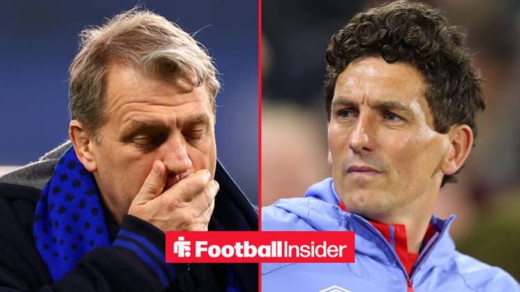 Todd Boehly on the left with his hand over his mouth with Keith Andrews on the right for Brentford looking focused