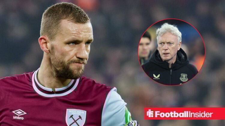 Tomas Soucek in a West Ham shirt next to a circular frame of David Moyes