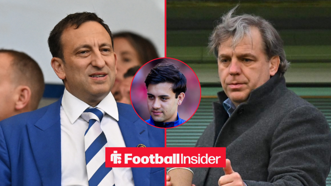Tony Bloom and Todd Boehly on either side of Facundo Buonanotte in the middle both looking focused with Buonanotte smiling