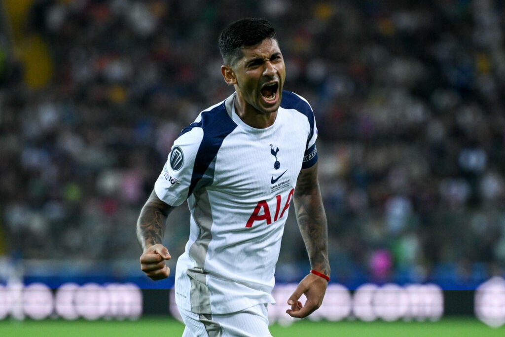 Cristian Romero roars in celebration playing for Tottenham