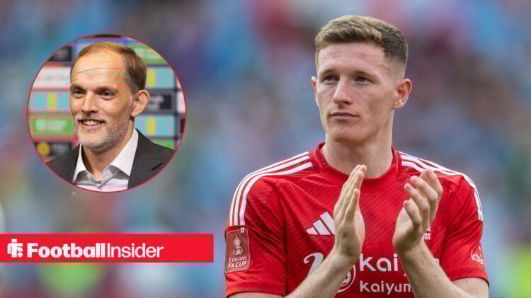 Ellliot Anderson applauding Nottingham Forest supporters, next to an image of Thomas Tuchel at an England press conference
