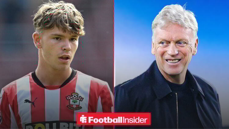 Southampton's Tyler Dibling in action and Everton manager David Moyes looking happy