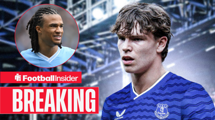 Tyler Dibling in an Everton shirt, Nathan Ake in a circular inset