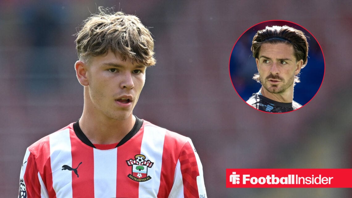 Tyler Dibling on the left in Southampton shirt with Jack Grealish on the right looking serious following links to Everton