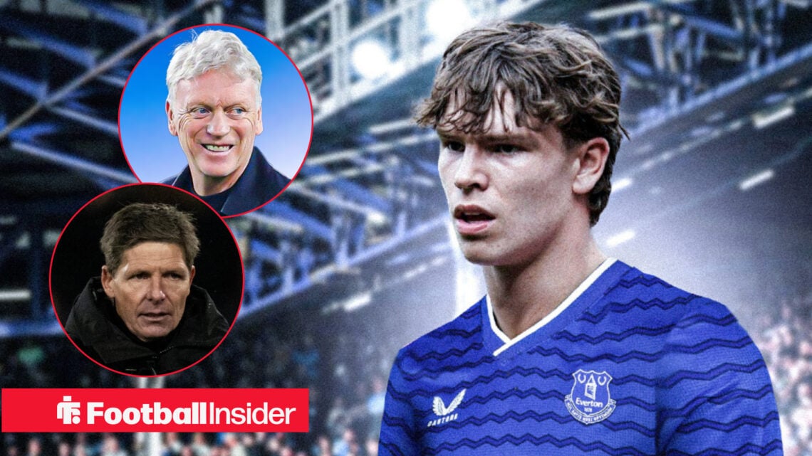 Tyler dibling in an Everton shirt looking at smiling Everton manager David Moyes and Crystal Palace manager Oliver Glasner who is looking forward f...