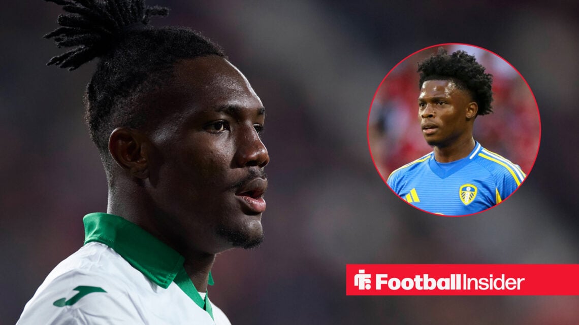 Christantus Uche in action for Getafe, next to an image of Leeds winger Largie Ramazani