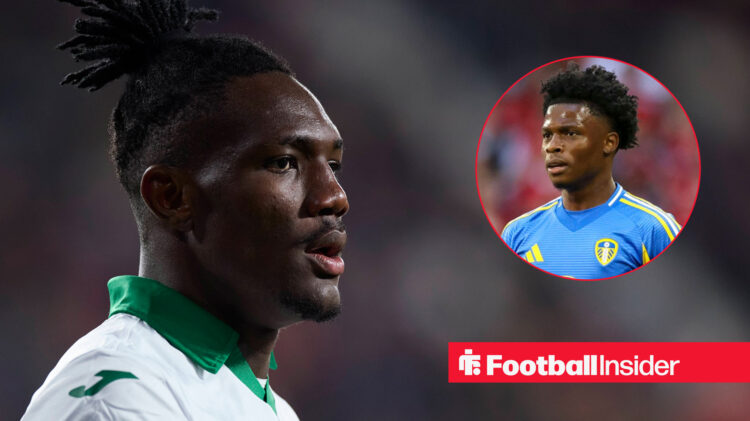 Christantus Uche in action for Getafe, next to an image of Leeds winger Largie Ramazani
