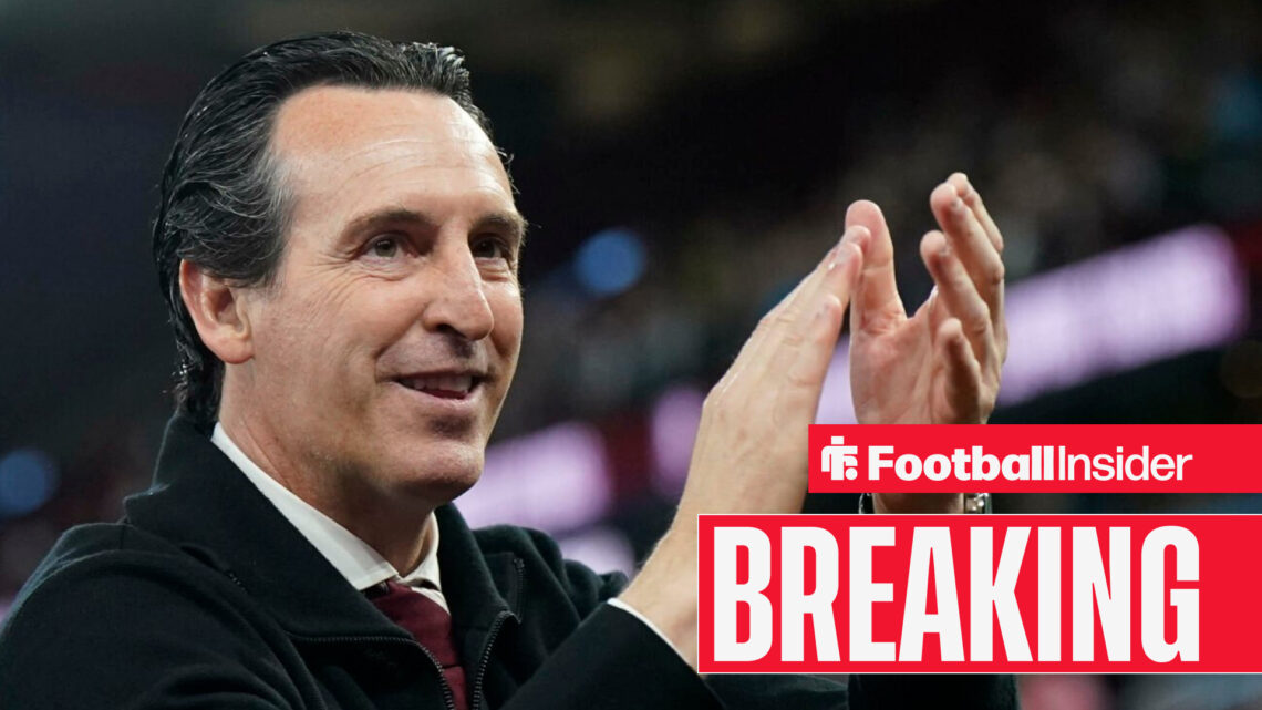 Unai Emery clapping at Villa Park faithful, with Breaking News banner