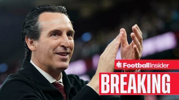 Unai Emery clapping at Villa Park faithful, with Breaking News banner