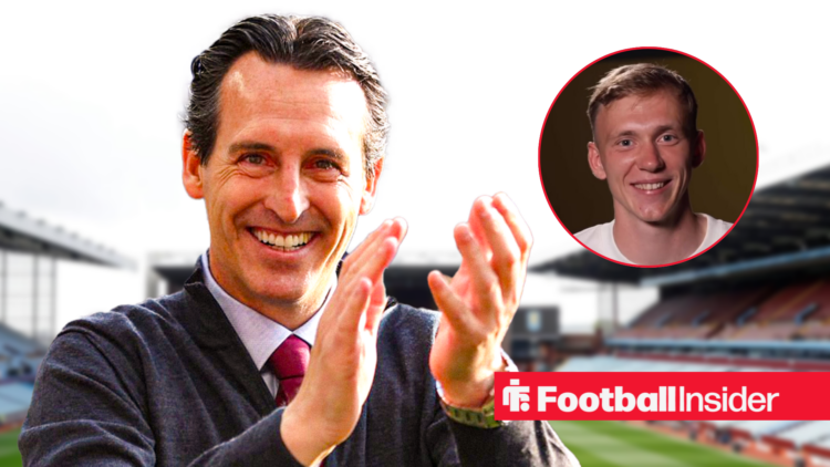Aston Villa manager Unai Emery smiling and clapping at Villa Park with Borussia Doirtmund striker Max Beier smiling during an interview right inset
