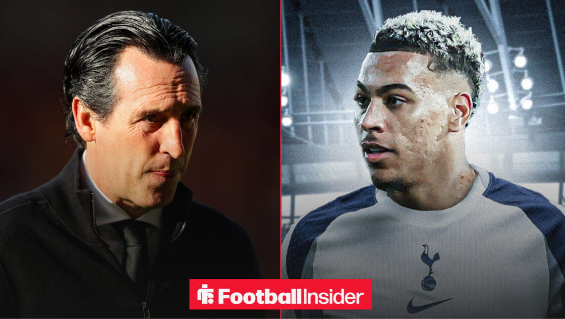 Unai Emery alongside Morgan Rogers in a Tottenham shirt