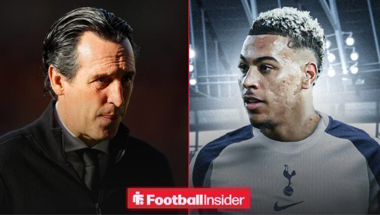 Unai Emery alongside Morgan Rogers in a Tottenham shirt