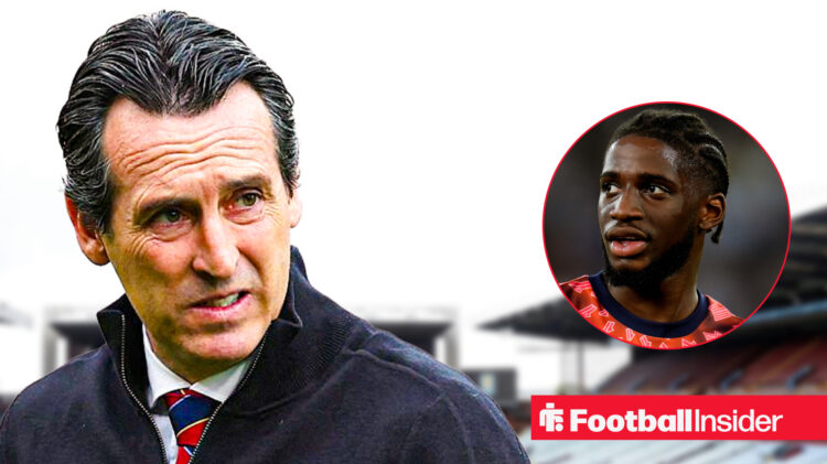 Unai Emery stands up at Villa Park next to a headshot of Samuel Iling-Junior