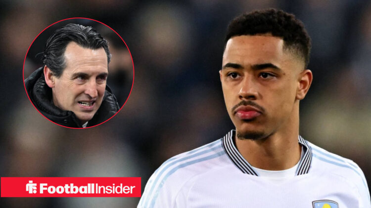 Unai Emery looking considered in the top-left above a red football insider banner in the bottom left of the photo. Jacob Ramsey is on the right in ...