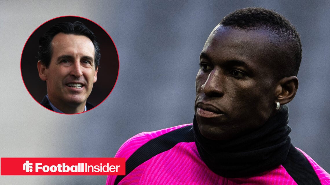 Unai Emery on the left smiling with Nicolas Jackson on the right wearing a pink training top looking serious