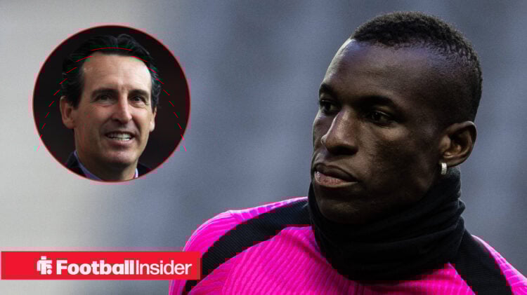 Unai Emery on the left smiling with Nicolas Jackson on the right wearing a pink training top looking serious