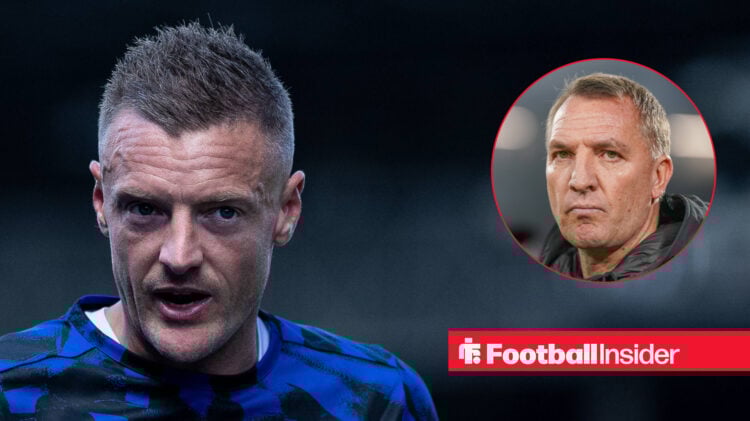 Jamie Vardy warming up for Leicester City, next to an image of Celtic boss Brendan Rodgers