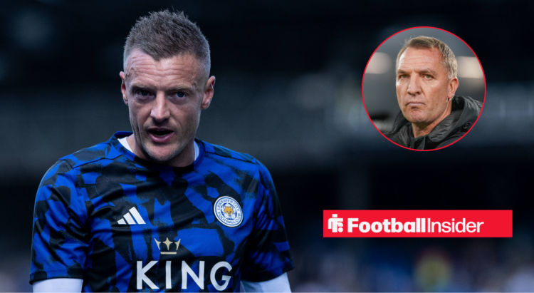 Jamie Vardy warming up for Leicester next to an image of Brendan Rodgers