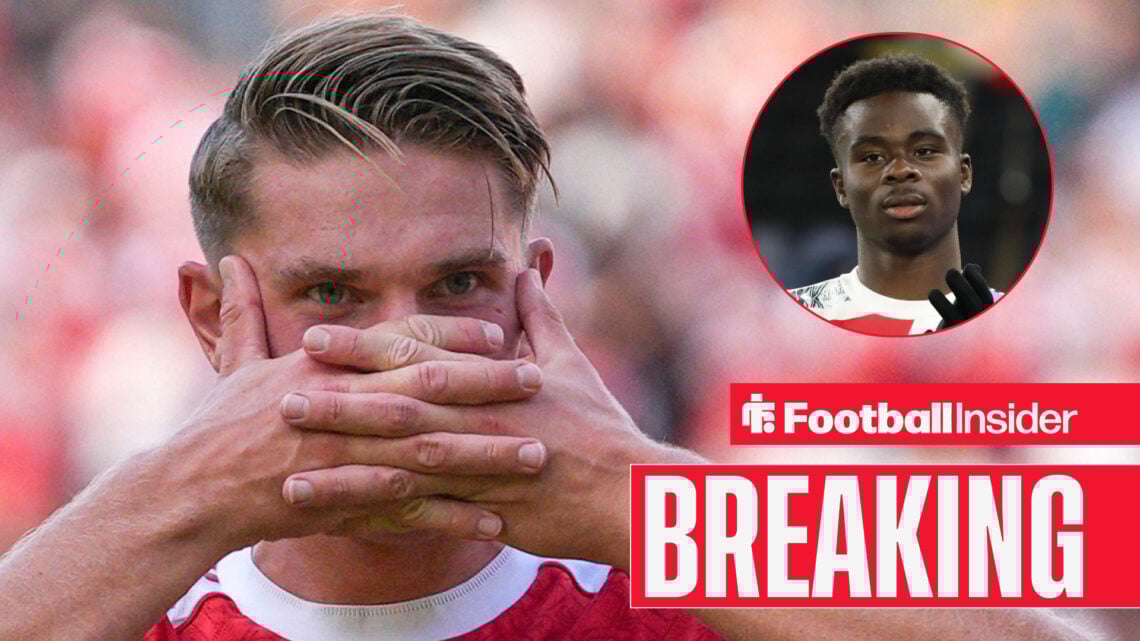 Arsenal's Viktor Gyokeres doing his trademark celebration after scoring with teammate Bukayo Saka clapping while warming up in inset