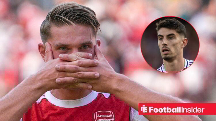 Arsenal's Viktor Gyokeres doing his trademark celebration while teammate Kai Havertz looks at him while in action
