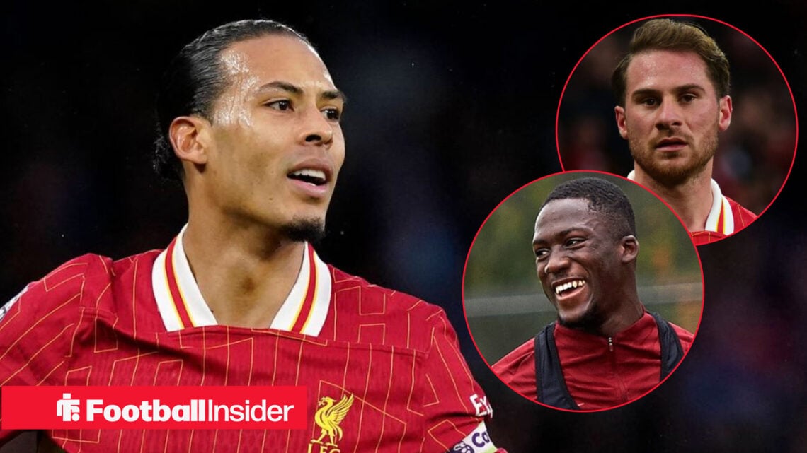 Virgil van Dijk in Liverpool shirt smiling with Alexis Mac Allister and Ibrahima Konate inset