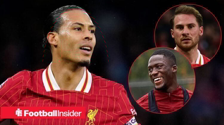 Virgil van Dijk in Liverpool shirt smiling with Alexis Mac Allister and Ibrahima Konate inset