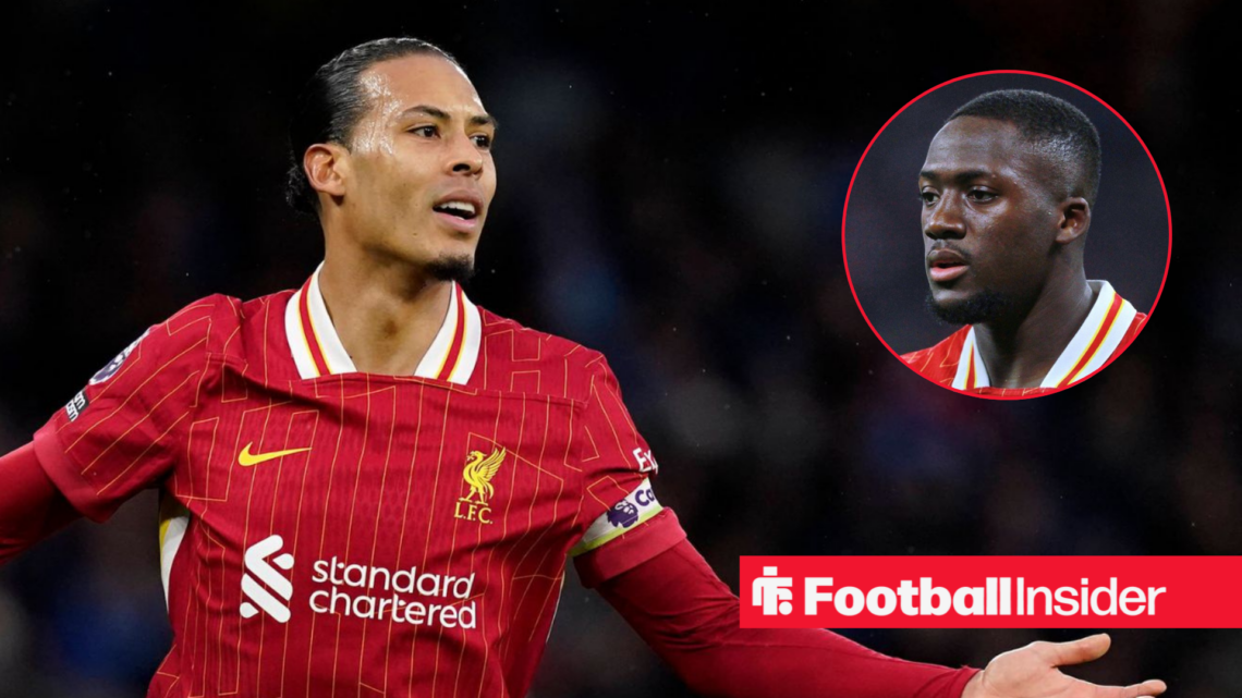 Virgil van Dijk in Liverpool home shirt with Ibrahima Konate inset