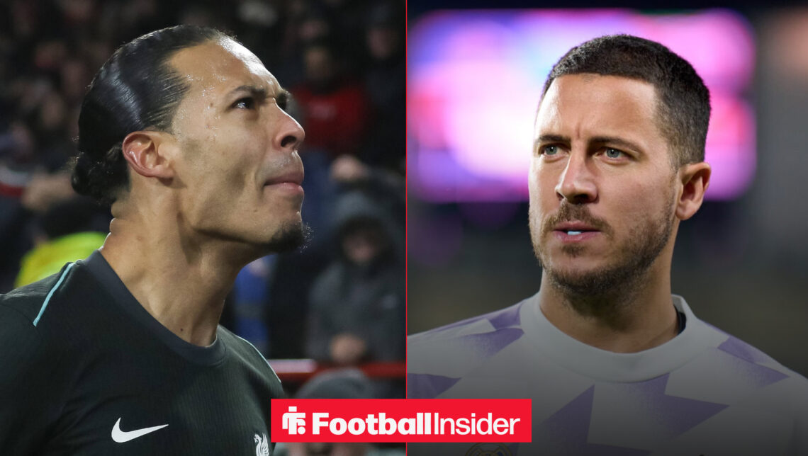 Virgil van Dijk looking pumped on the left with Eden Hazard looking focused on the right