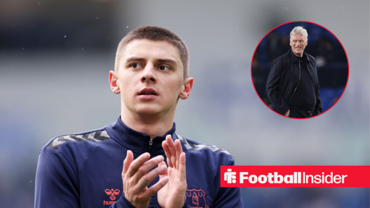Vitaliy Mykolenko applauds next to an image of David Moyes in a circular frame