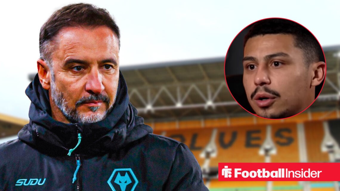 Wolves manager Vitor Periera against a back drop of Molineux alongside a circular inset of Wolves midfielder Andre