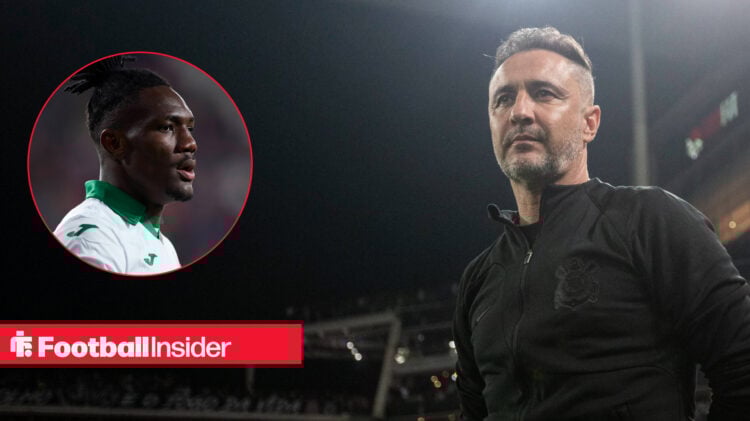 Vitor Pereira stood on the touchline, next to an image of Getafe forward Christantus Uche.