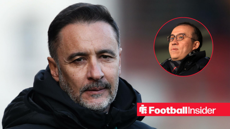 Wolves manager Vitor Pereira looks concerned with owner Jeff Shi looking at him from the stands