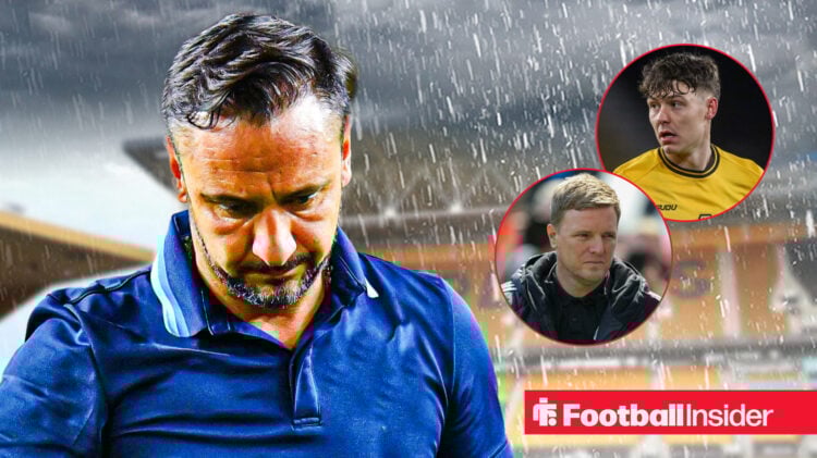 Vitor Pereira sad in the pouring rain, Jorgen Strand Larsen and Eddie Howe in circular insets