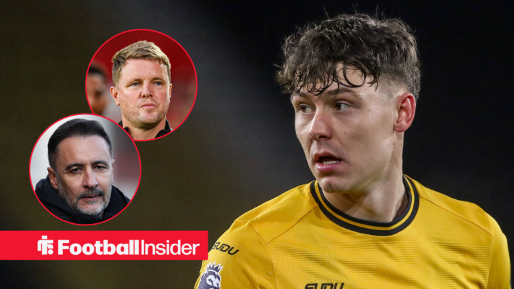 Vitor Pereira and Eddie Howe on the left looking serious with Jorgen Strand Larsen of Wolves on the right looking focused ahead of a possible move ...