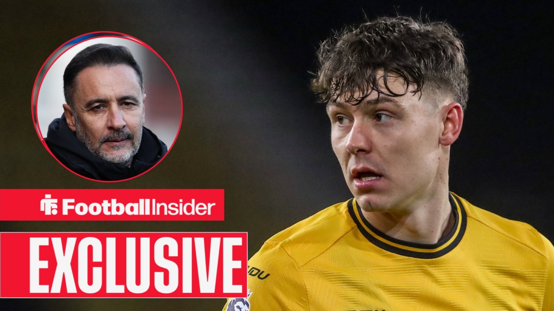 Vitor Pereira on the left looking serious above an exclusive banner with Jorgen Strand Larsen in a Wolves shirt looking focused