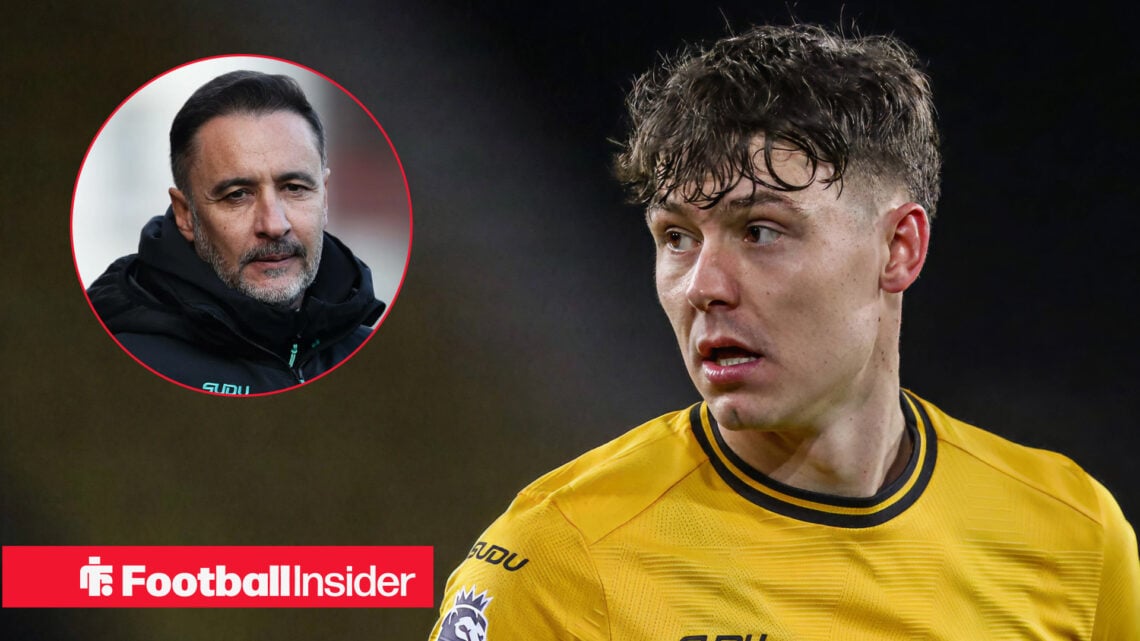 Wolves boss Vitor Pereira and striker Jorgen Strand Larsen look at each other