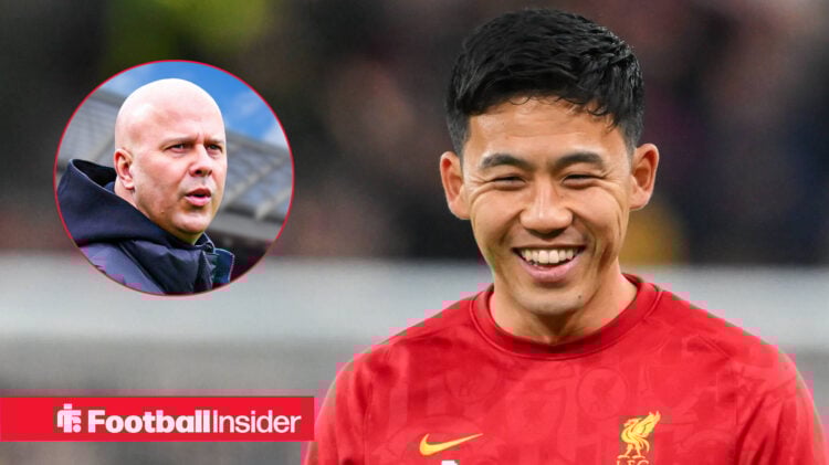 Liverpool's Wataru Endo smiling and manager Arne Slot looking at him