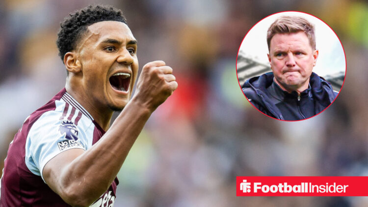 Aston Villa striker Ollie Watkins celebrates as Eddie Howe looks on