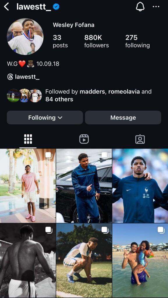 Wesley Fofana's Instagram page