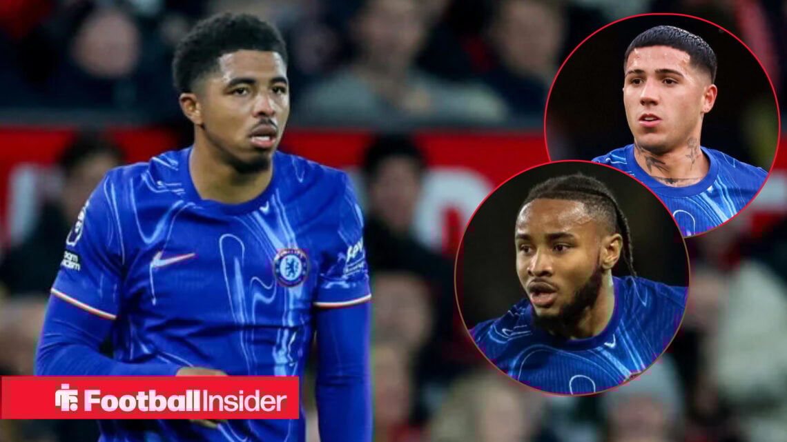 Wesley Fofana in Chelsea home shirt with Christopher Nkunku and Enzo Fernandez in circle inset