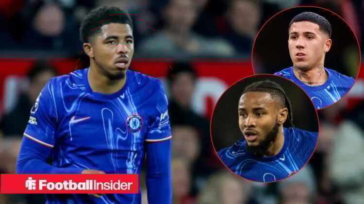 Wesley Fofana in Chelsea home shirt with Christopher Nkunku and Enzo Fernandez in circle inset