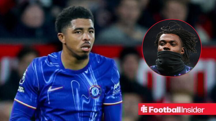 Chelsea's Wesley Fofana playing and looking at teammate Romeo Lavia who has a snood on and is looking back at him in the inset